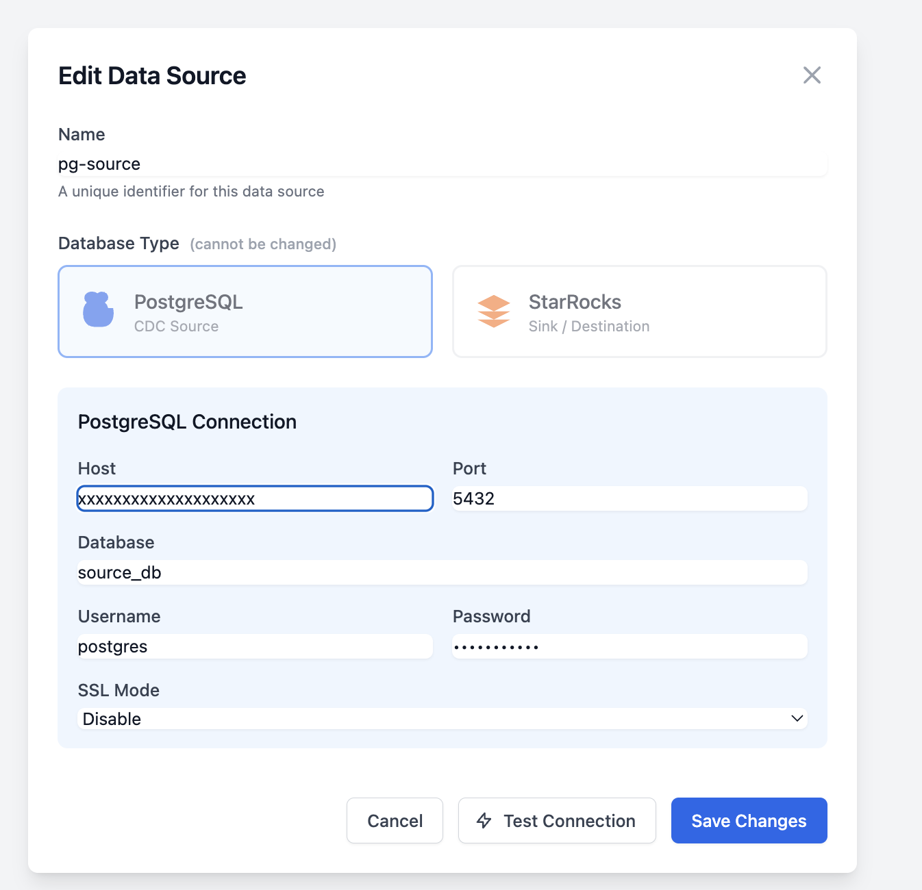 PostgreSQL datasource form with connection fields
