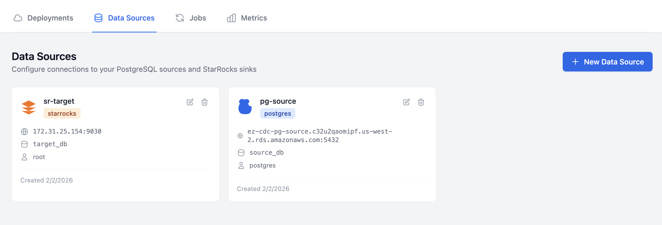 Datasources list showing PostgreSQL source and StarRocks sink