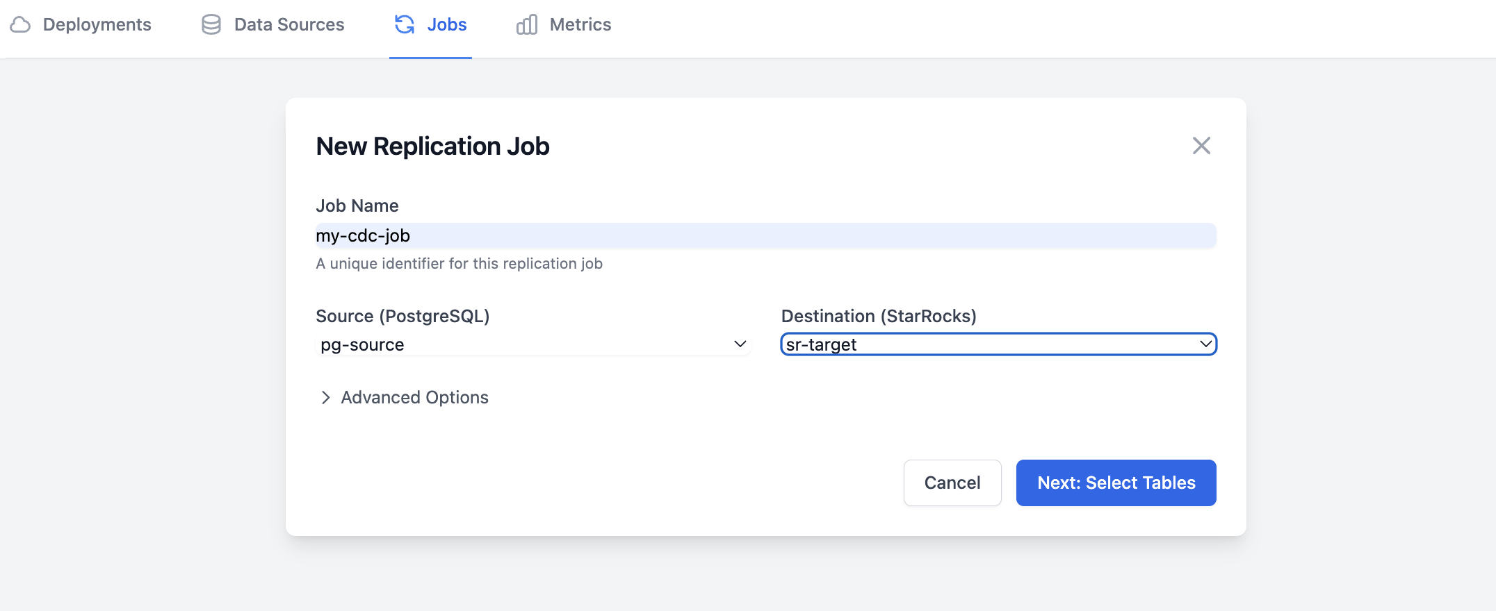 Job creation step 1 showing source and sink selection