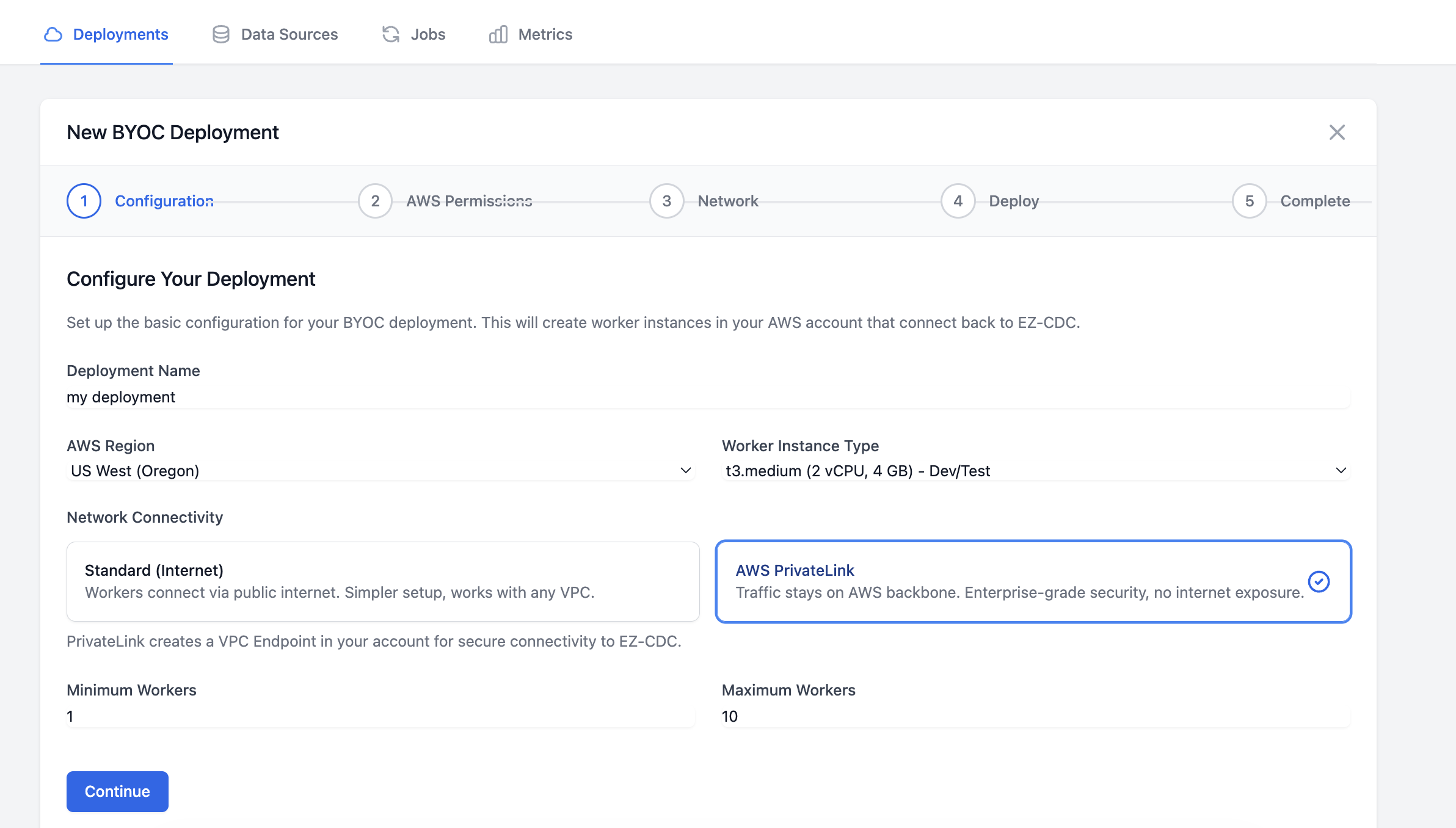 Deployment wizard step 1 showing name and region configuration